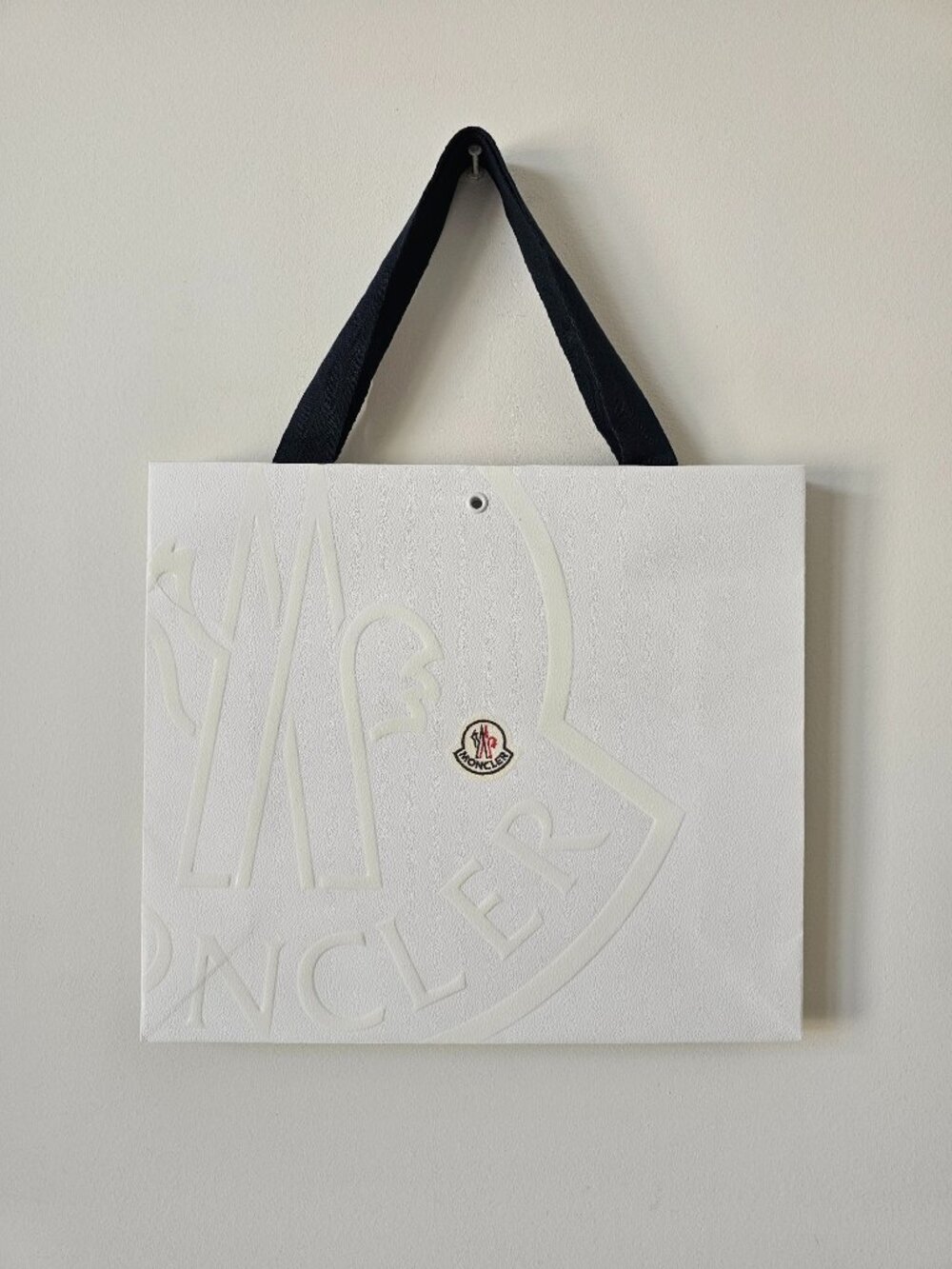 New MONCLER White Silver Embossed Paper Shopping Bag Medium 14"x12.5"x4.75"